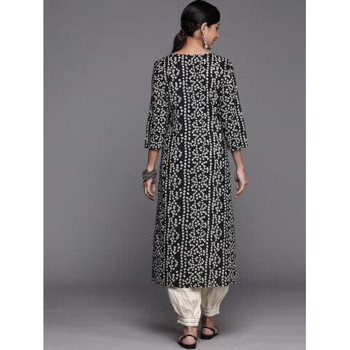 Black Printed Cotton Kurta Has A Gota Patti Work On Placket, Kurta Has Round Neck And Three Quarter Sleeves
