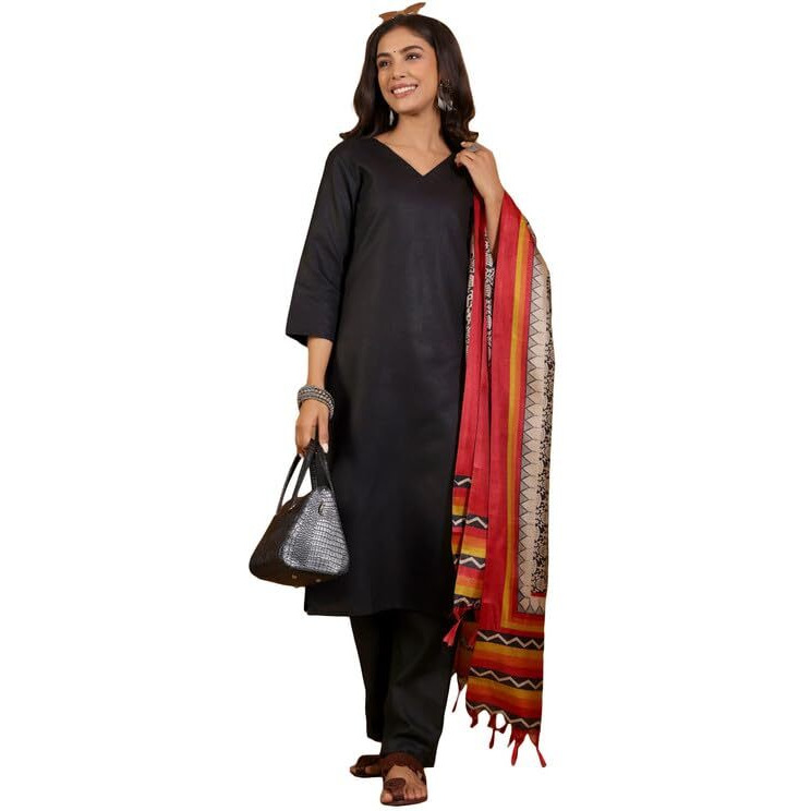 Varanga Women's Black V-Neck Straight Fit Kurta Set With Ankle-Length Trouser & Ethnic Kalamkari Printed Dupatta (Double Extra Large)