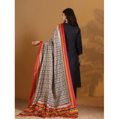 Varanga Women's Black V-Neck Straight Fit Kurta Set With Ankle-Length Trouser & Ethnic Kalamkari Printed Dupatta (Double Extra Large)