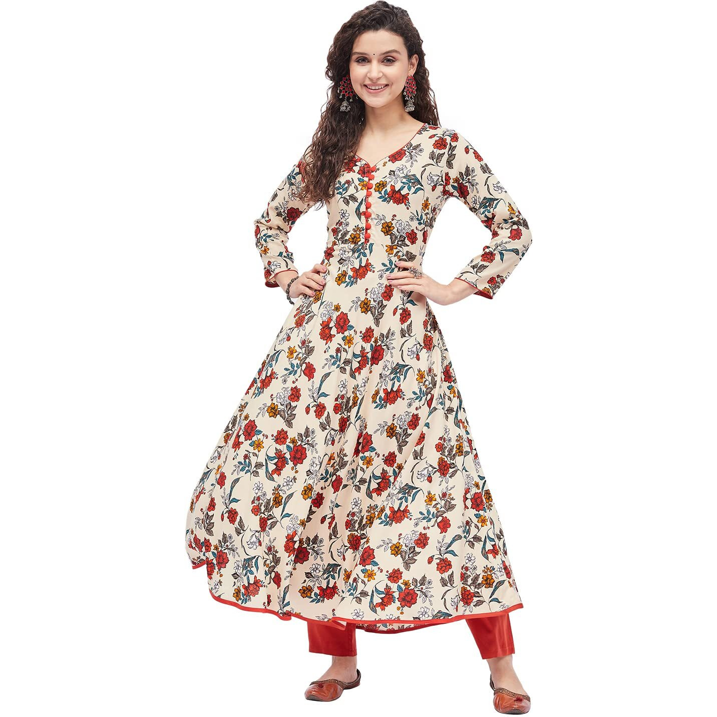 Tissu Women's Rayon Cream & Orange Floral Printed A-Line Kurta 2221_Cream_7Xl