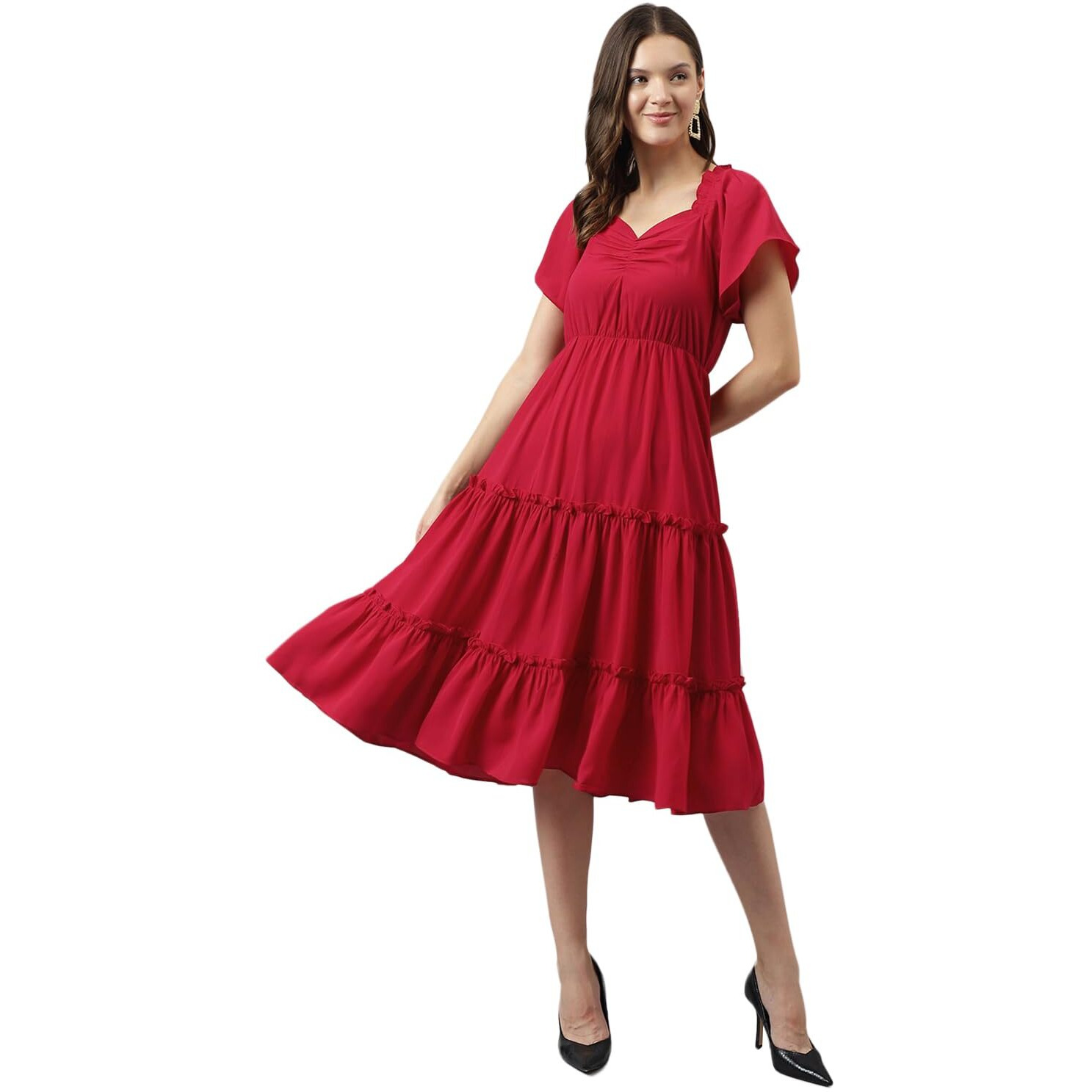 Toochki Women's Red Rayon Solid Tiered Western Dress | Dress For Women | A Line | Anarkali Dress | Gown Dress | Western Dress | Exclusive Women Dress | Bollywood Dress | Fashion
