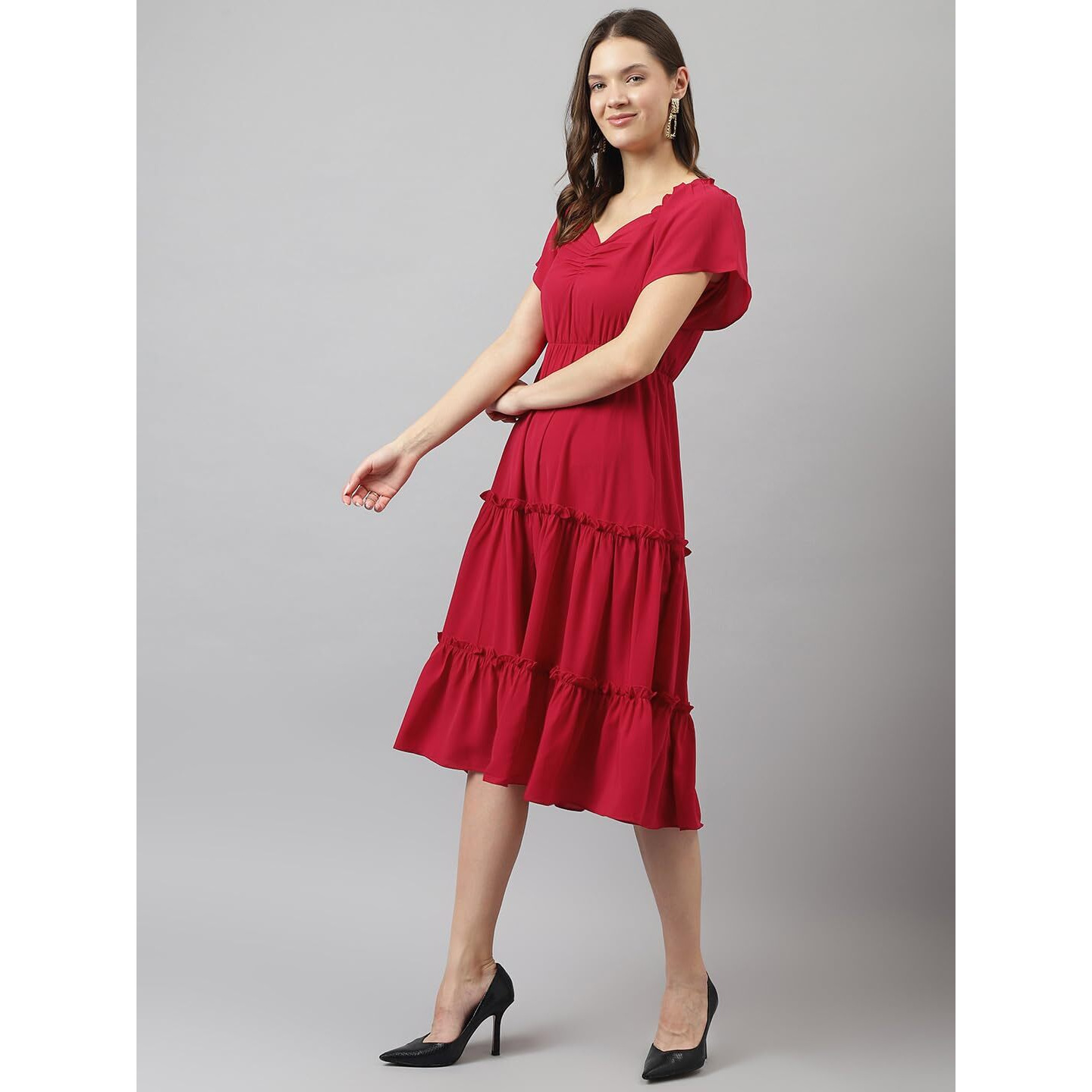 Toochki Women's Red Rayon Solid Tiered Western Dress | Dress For Women | A Line | Anarkali Dress | Gown Dress | Western Dress | Exclusive Women Dress | Bollywood Dress | Fashion