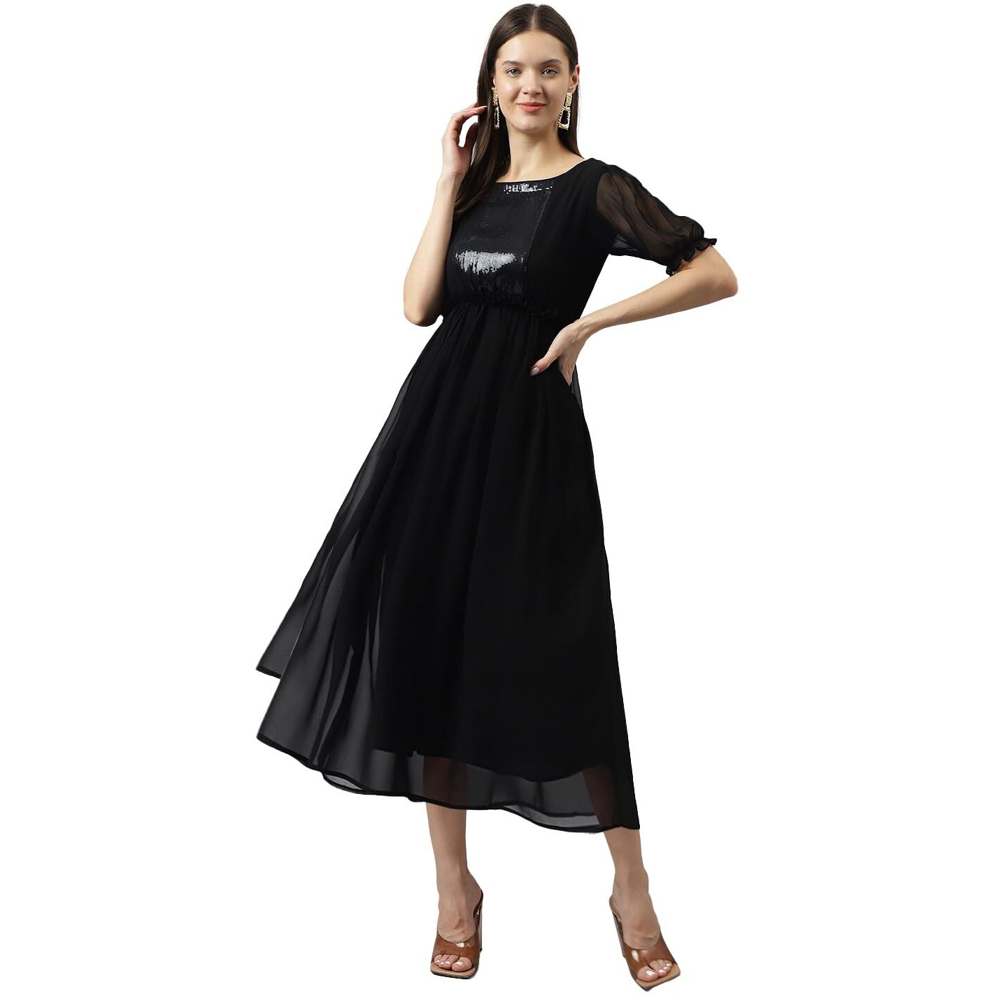 Toochki Women's Black Sequence Georgette Solid Fit & Flared Western Dress | Dress For Women | A Line Dress | Winter Dress | Western Dress | Latest Women Dress | Trendy Dress | Midi Dress