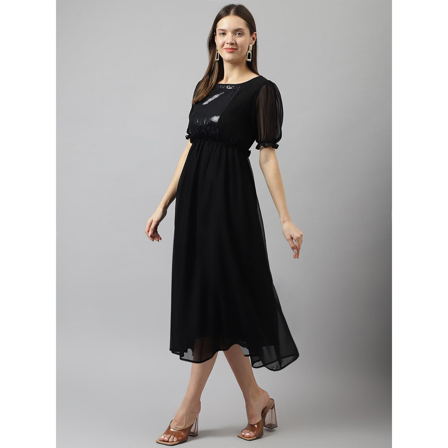 Toochki Women's Black Sequence Georgette Solid Fit & Flared Western Dress | Dress For Women | A Line Dress | Winter Dress | Western Dress | Latest Women Dress | Trendy Dress | Midi Dress