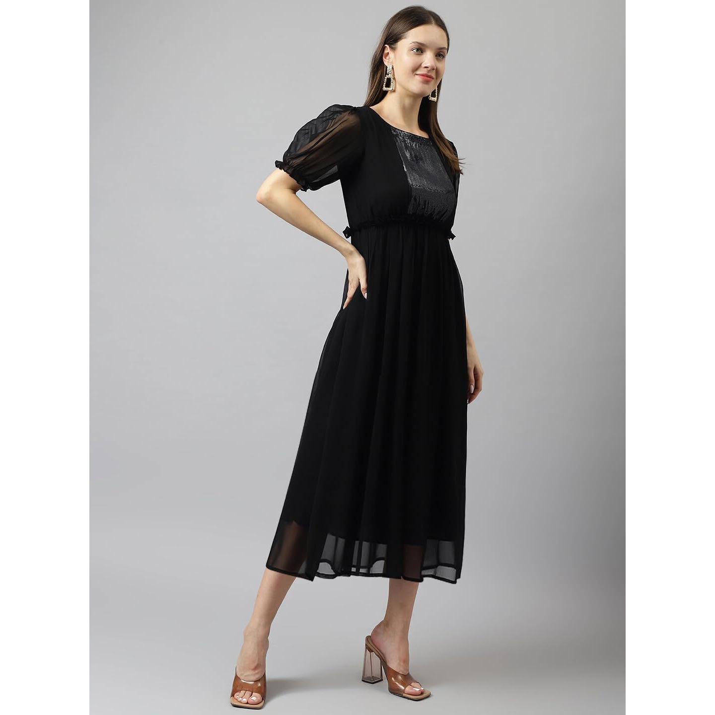 Toochki Women's Black Sequence Georgette Solid Fit & Flared Western Dress | Dress For Women | A Line Dress | Winter Dress | Western Dress | Latest Women Dress | Trendy Dress | Midi Dress