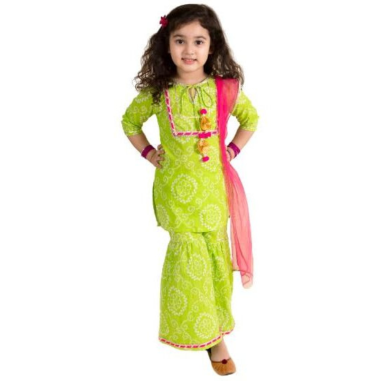 Pspeaches Girls Green Pink Bandhani Embroidered Pure Cotton Kurta With Sharara Dupatta (Green-5-6Y)