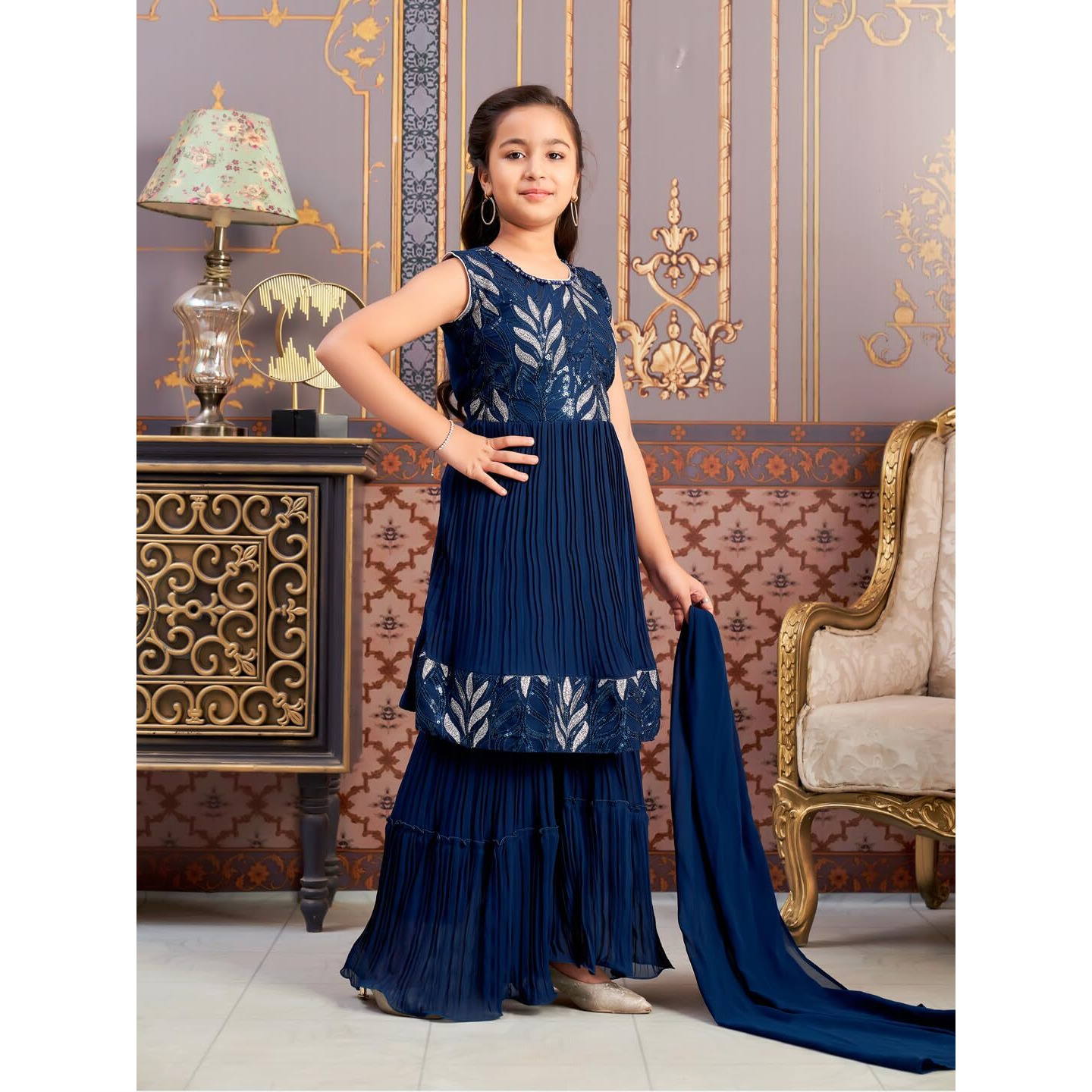 Aarika Girls Ethnic Wear Teal Blue Colour Sequin Thread Embroidery Georgette Kurti Sharara Set (4-15 Years)