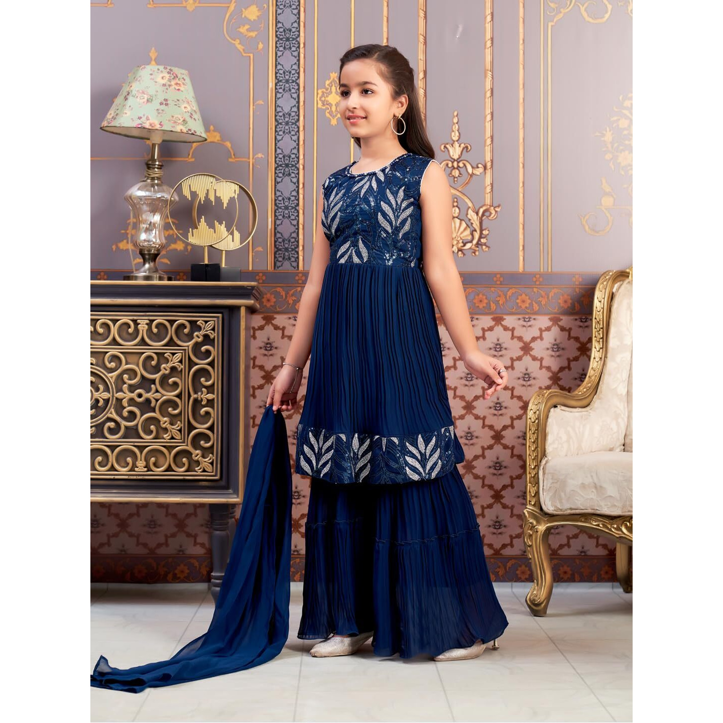 Aarika Girls Ethnic Wear Teal Blue Colour Sequin Thread Embroidery Georgette Kurti Sharara Set (4-15 Years)