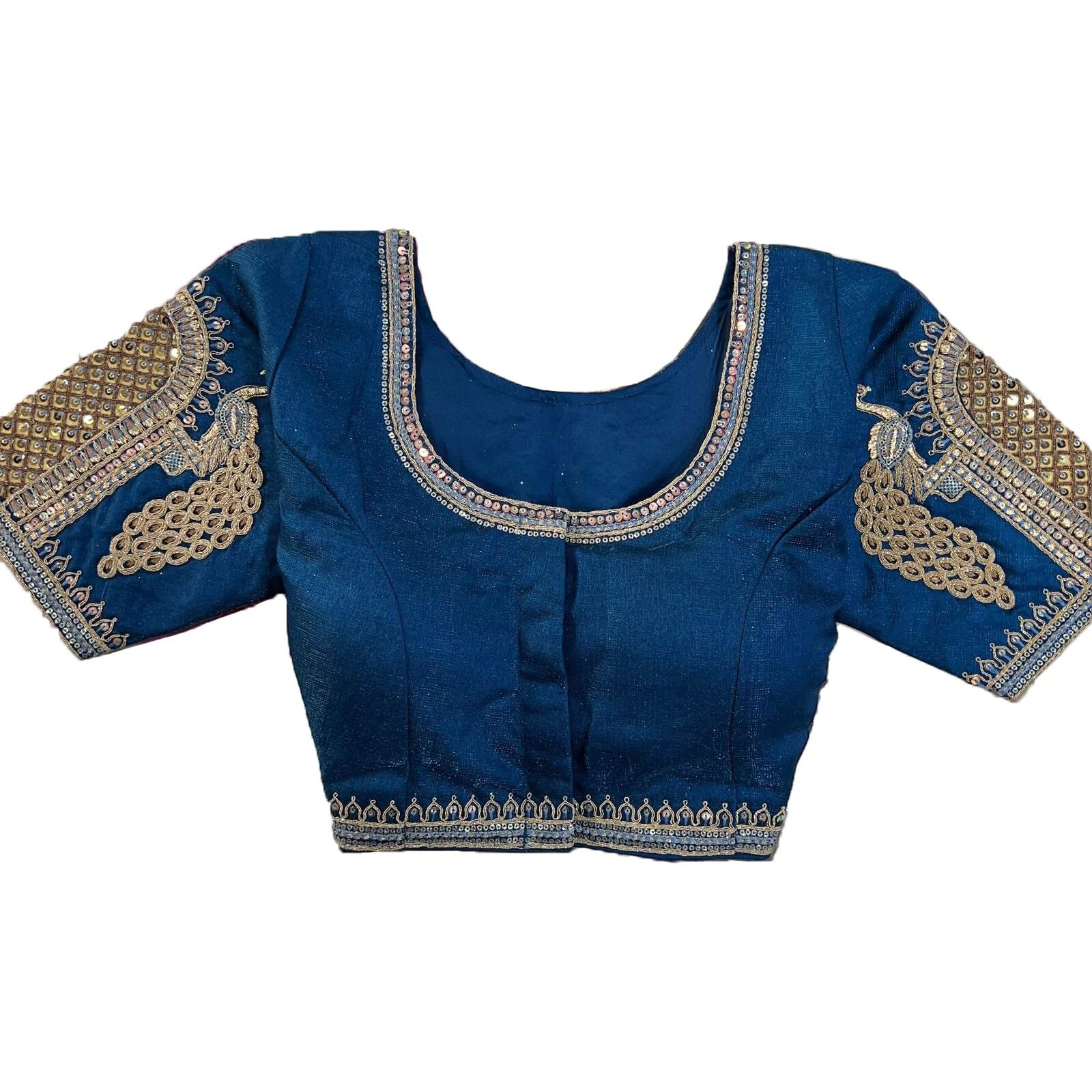 Pujia Mills Women's Zari Embroidery & Coding Twins Sequins Readymade Blouse (Dorr Parent Morprach M)
