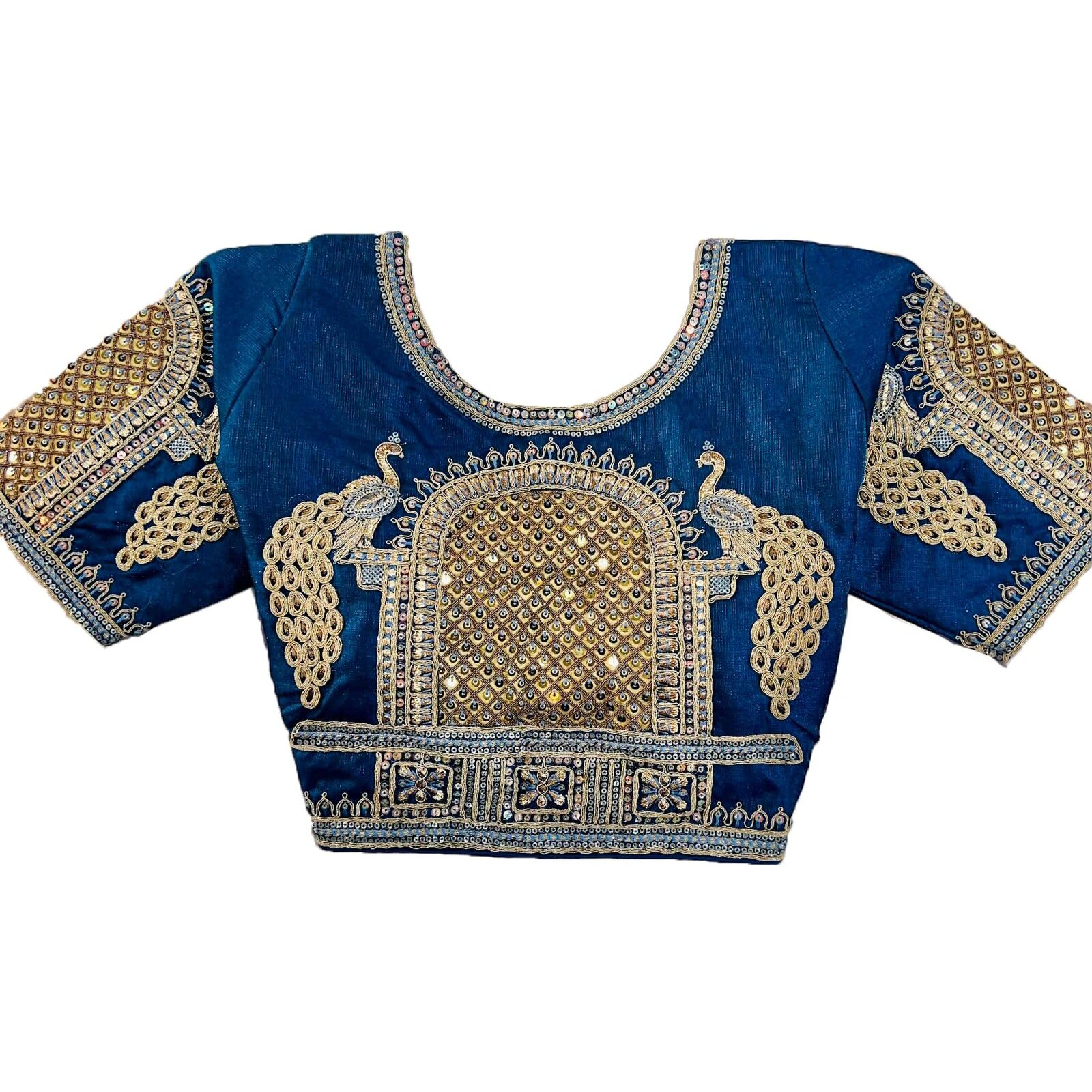 Pujia Mills Women's Zari Embroidery & Coding Twins Sequins Readymade Blouse (Dorr Parent Morprach M)