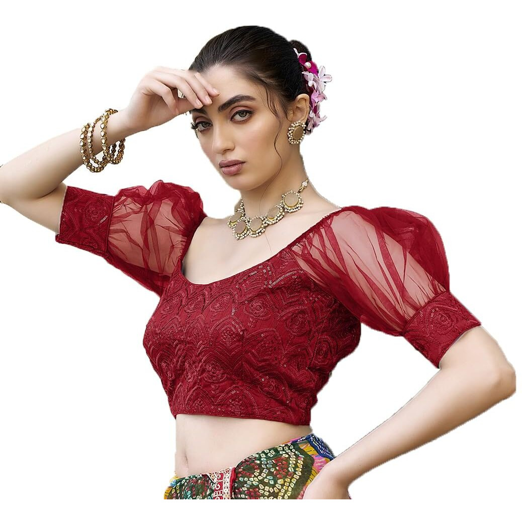 Pujia Mills Womens Net Fabrics Round Neck Puff Sleeve Blouse (Red, 34)