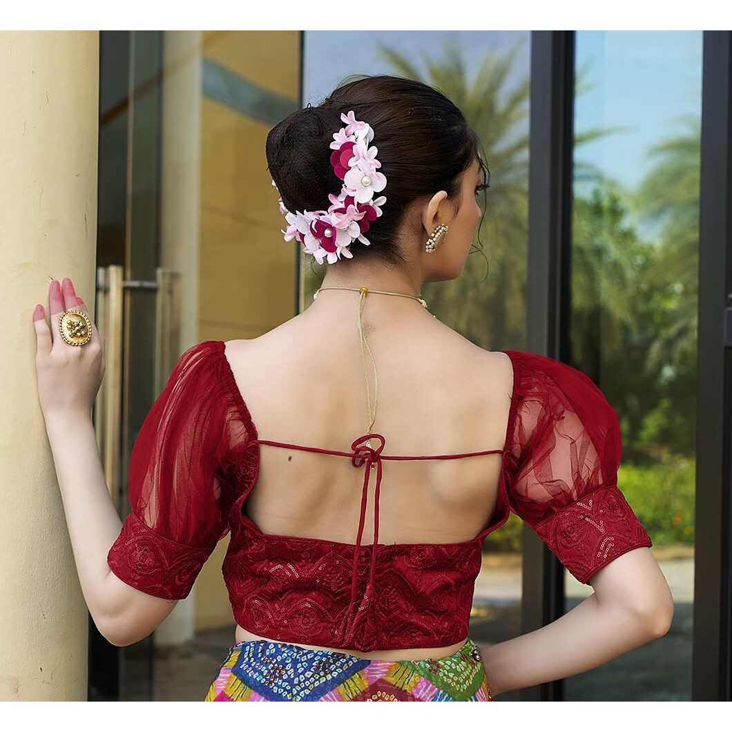 Pujia Mills Womens Net Fabrics Round Neck Puff Sleeve Blouse (Red, 34)