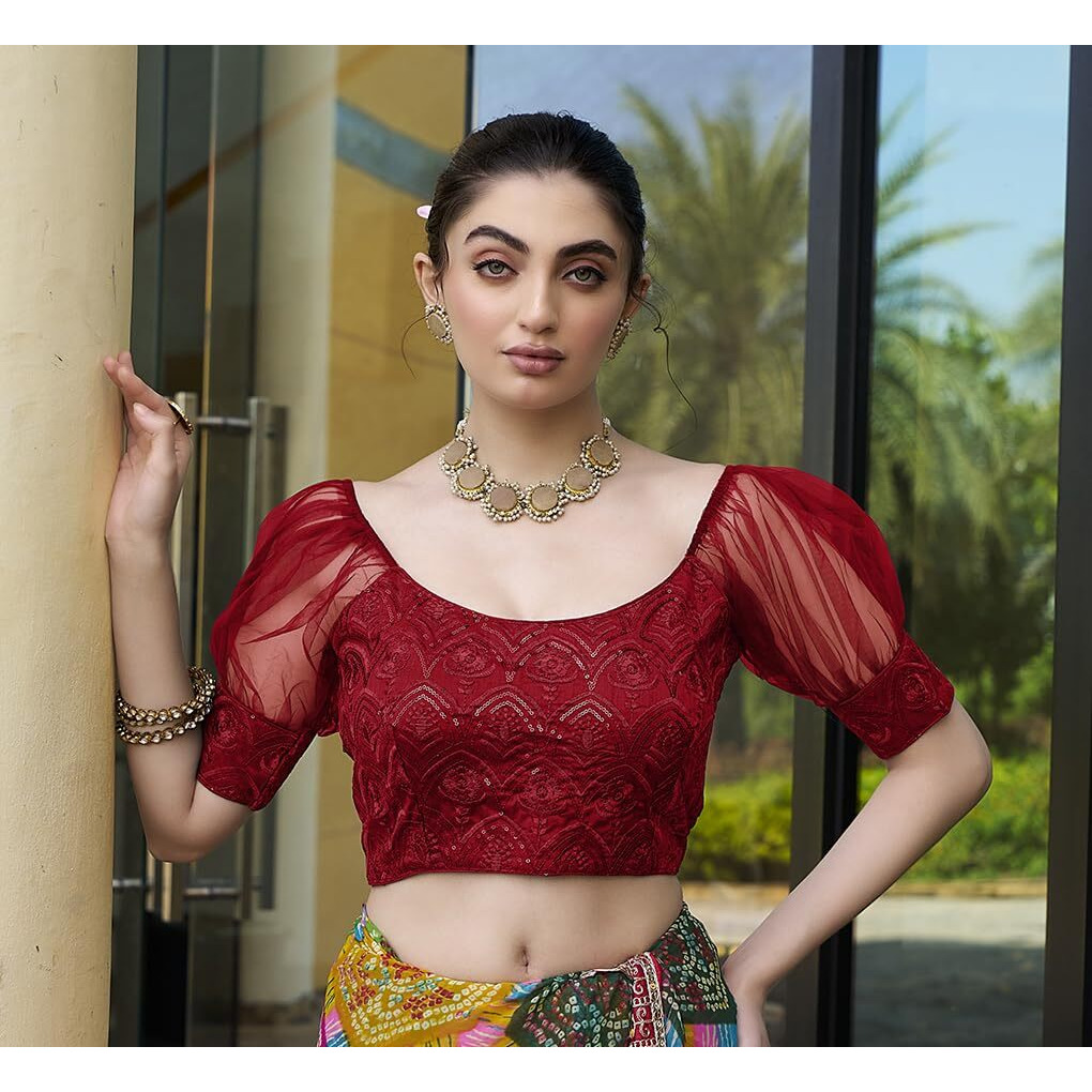 Pujia Mills Womens Net Fabrics Round Neck Puff Sleeve Blouse (Red, 34)