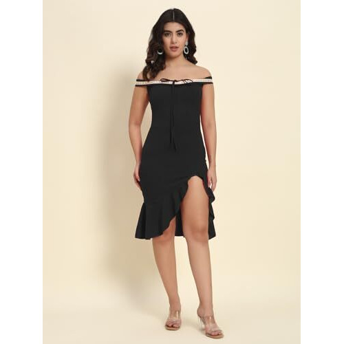 Addyvero Women Off Shoulder Ruffle Hem Sleeveless With Lace Detailing Bodycon Party Dress (Black, L)