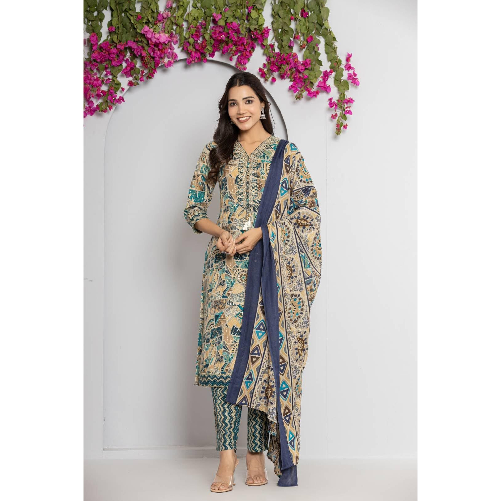 Varanga Women Blue V Neck Abstract Printed Kurta Paired With Bottom And Dupatta