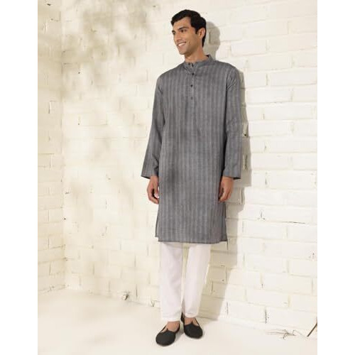 Fabindia Men's Cotton Striped Comfort Fit Kurta (1032010Grey_Grey