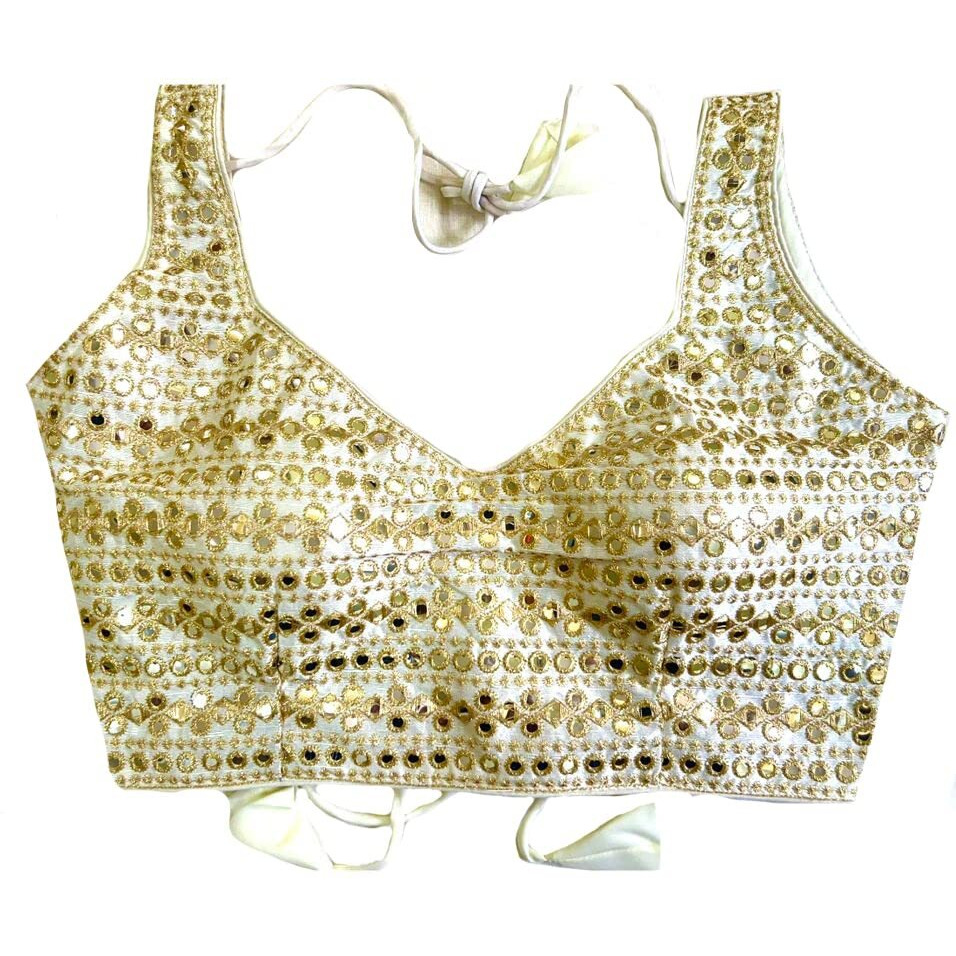 Vihu Fashion Womens Readymade Sweetheart Neck Sleeveless Mirror Saree Blouse.(Paper Foil White_38)