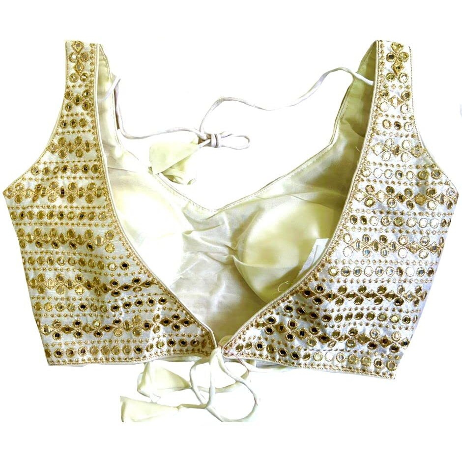 Vihu Fashion Womens Readymade Sweetheart Neck Sleeveless Mirror Saree Blouse.(Paper Foil White_38)