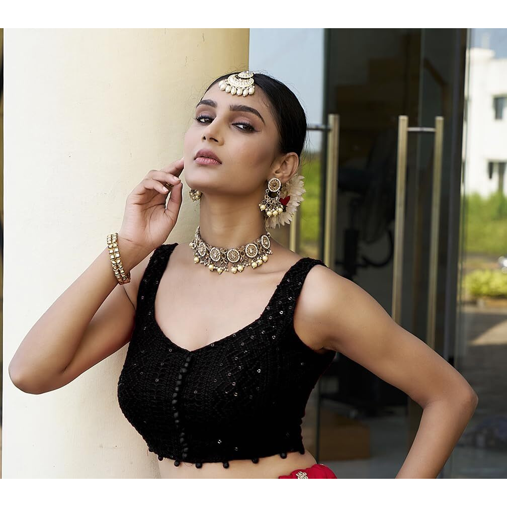 Vihu Fashion Women's Readymade Fancy Embroidery Lucknowi Sequence Work Indian Ethnic Designer Sleeveless Blouse Readymade Sweetheart Neck Black Women Saree Lehenga Choli