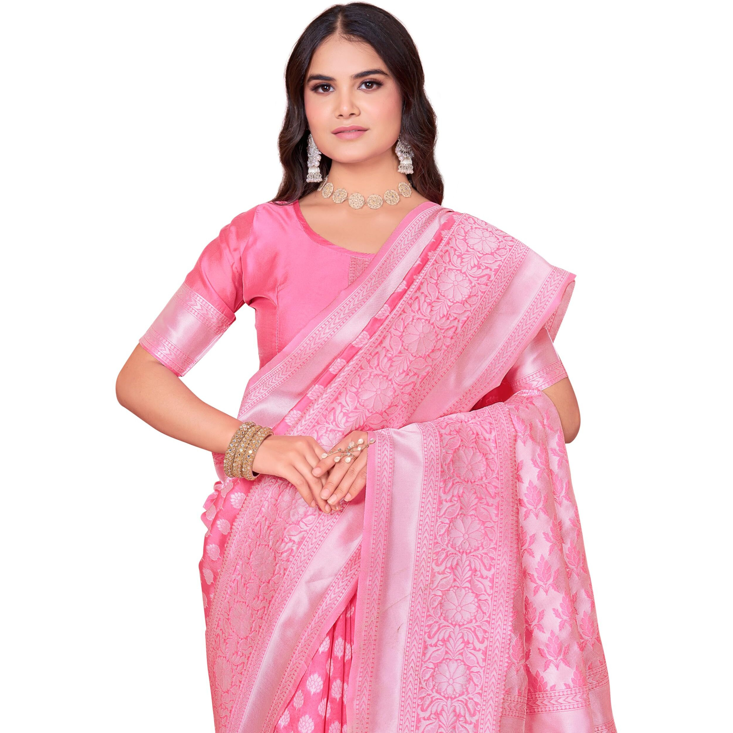 Glory Sarees Women's Woven Pure Soft Kanjivaram Silk Saree Banarasi Style With Blouse Piece For Wedding (Kara115Pink2)