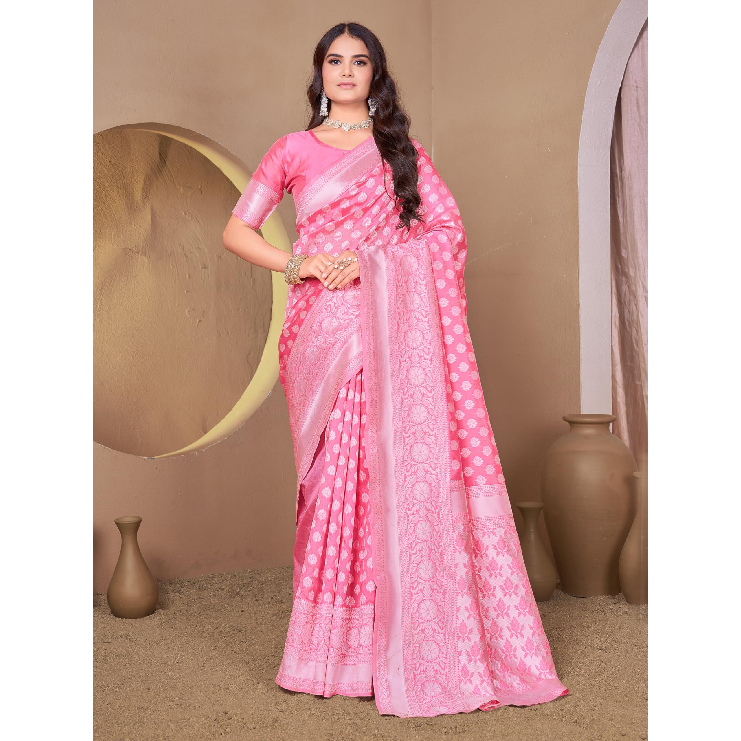 Glory Sarees Women's Woven Pure Soft Kanjivaram Silk Saree Banarasi Style With Blouse Piece For Wedding (Kara115Pink2)