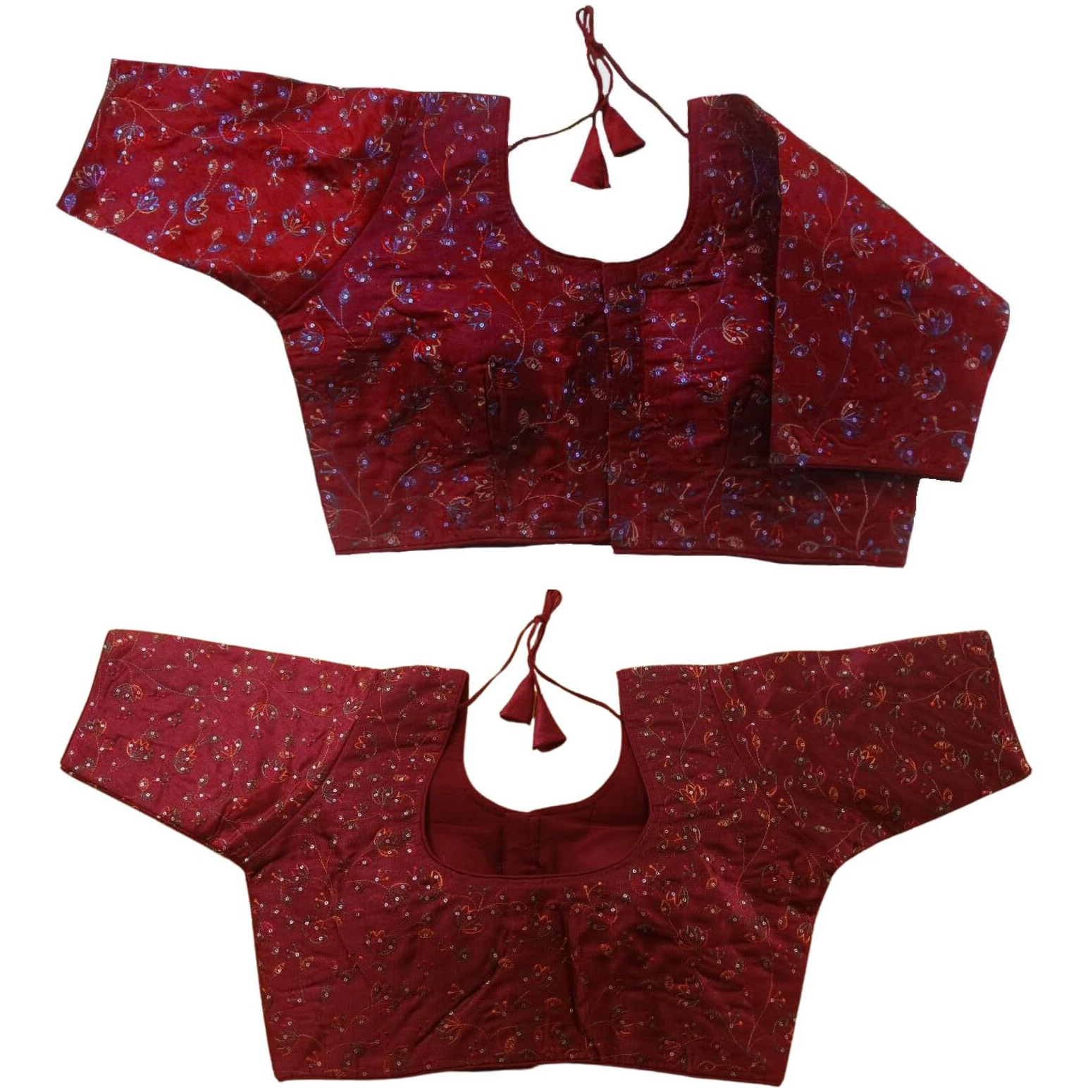 Vihu Fashion Women's Sequence Multi Embroidered U Neck Half Sleeve Readymade Saree Blouse Indian Ethnic Designer Stitched Women's Readymade Half Sleeve Blouse Readymade Maroon Blouse For Women