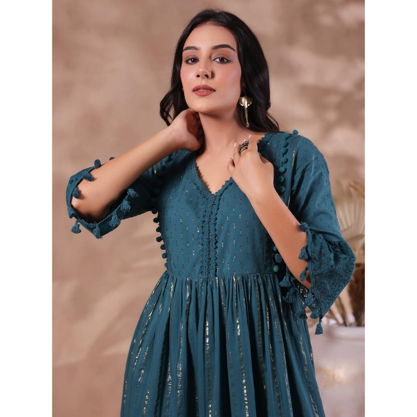Ishin Women's Pure Cotton Embellished Teal Fit And Flare Indo Western Dress