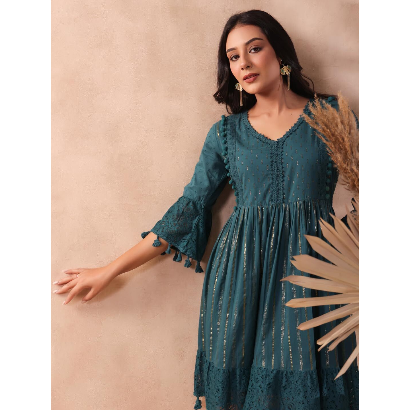 Ishin Women's Pure Cotton Embellished Teal Fit And Flare Indo Western Dress