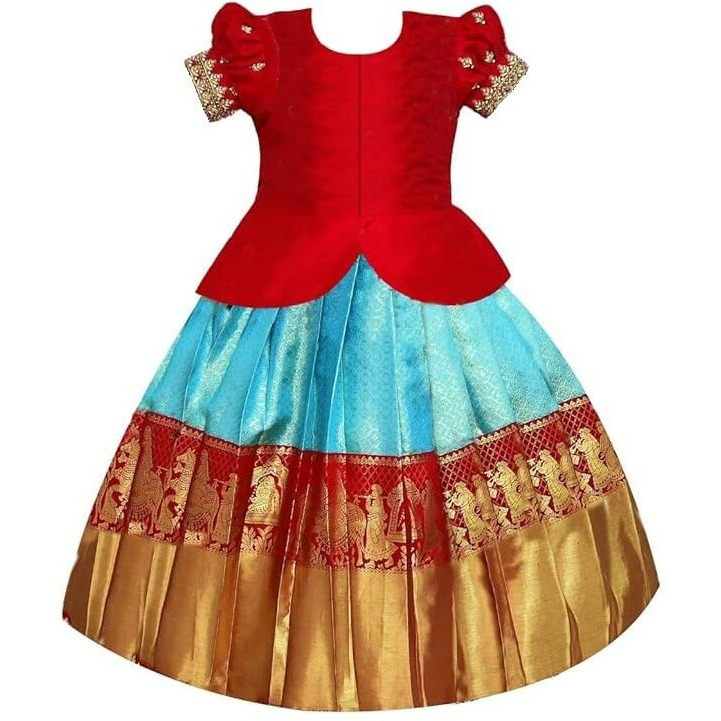 White Button New South Indian Traditional Pattu Pavadai Jecquard Lehenga Choli For Girls Dress (6-7 Years, Red Turqouise)