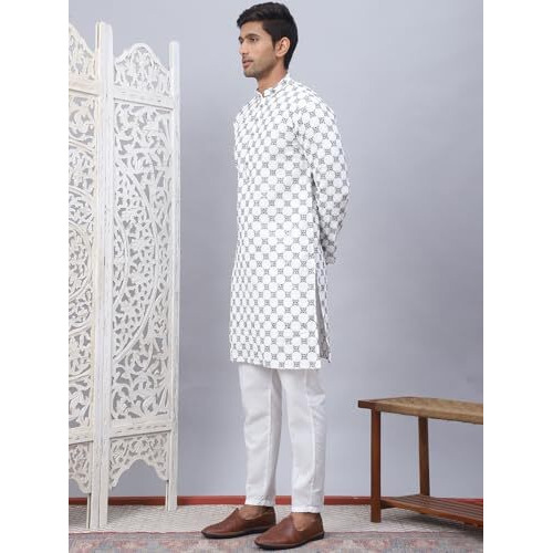 Jompers White Embroidered Kurta Pyjama For Men. (White, M)