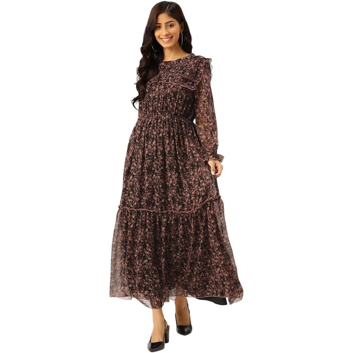 Litzo Women's Georgette A-Line Maxi Dress (L-56-M_Black