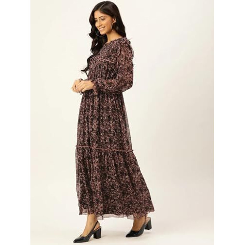 Litzo Women's Georgette A-Line Maxi Dress (L-56-M_Black