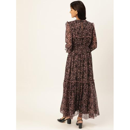Litzo Women's Georgette A-Line Maxi Dress (L-56-M_Black