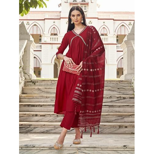 Womanista Women's Red Alia Cut Stone Work Kurtaset With Dupatta(Kurtaset_1184B_M)