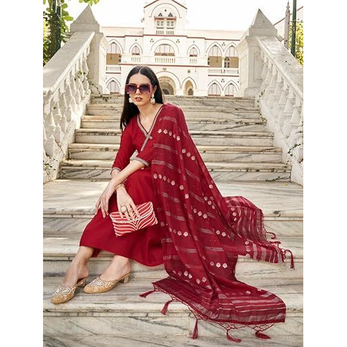 Womanista Women's Red Alia Cut Stone Work Kurtaset With Dupatta(Kurtaset_1184B_M)