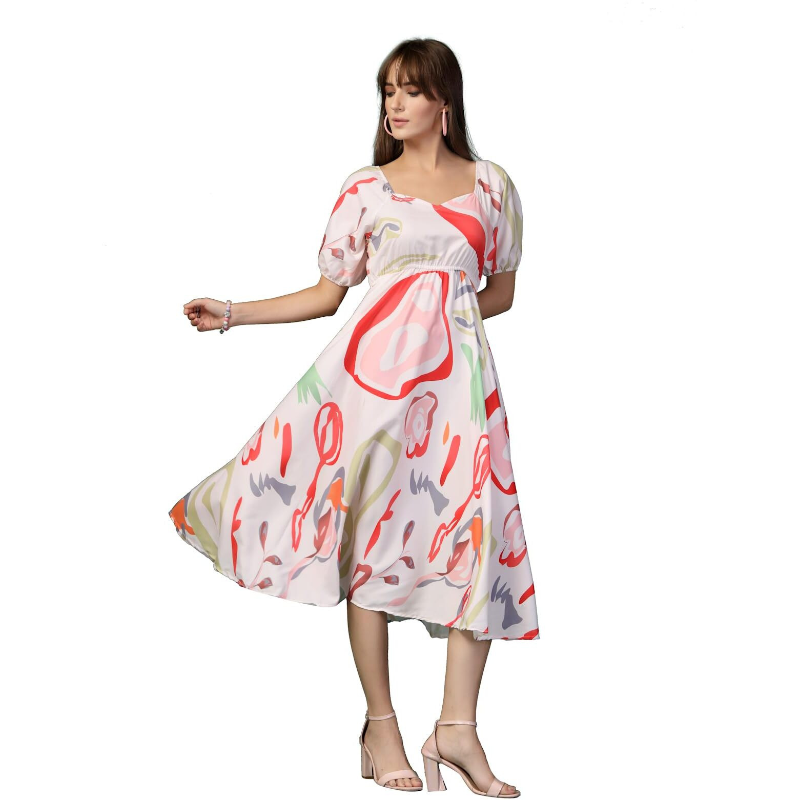 Oomph Flared Dress For Women Stylish | Long One Piece For Women | Puff Sleeve Long Dress | Floral Print Maxi One Piece | Western & Fusion Wear Off White