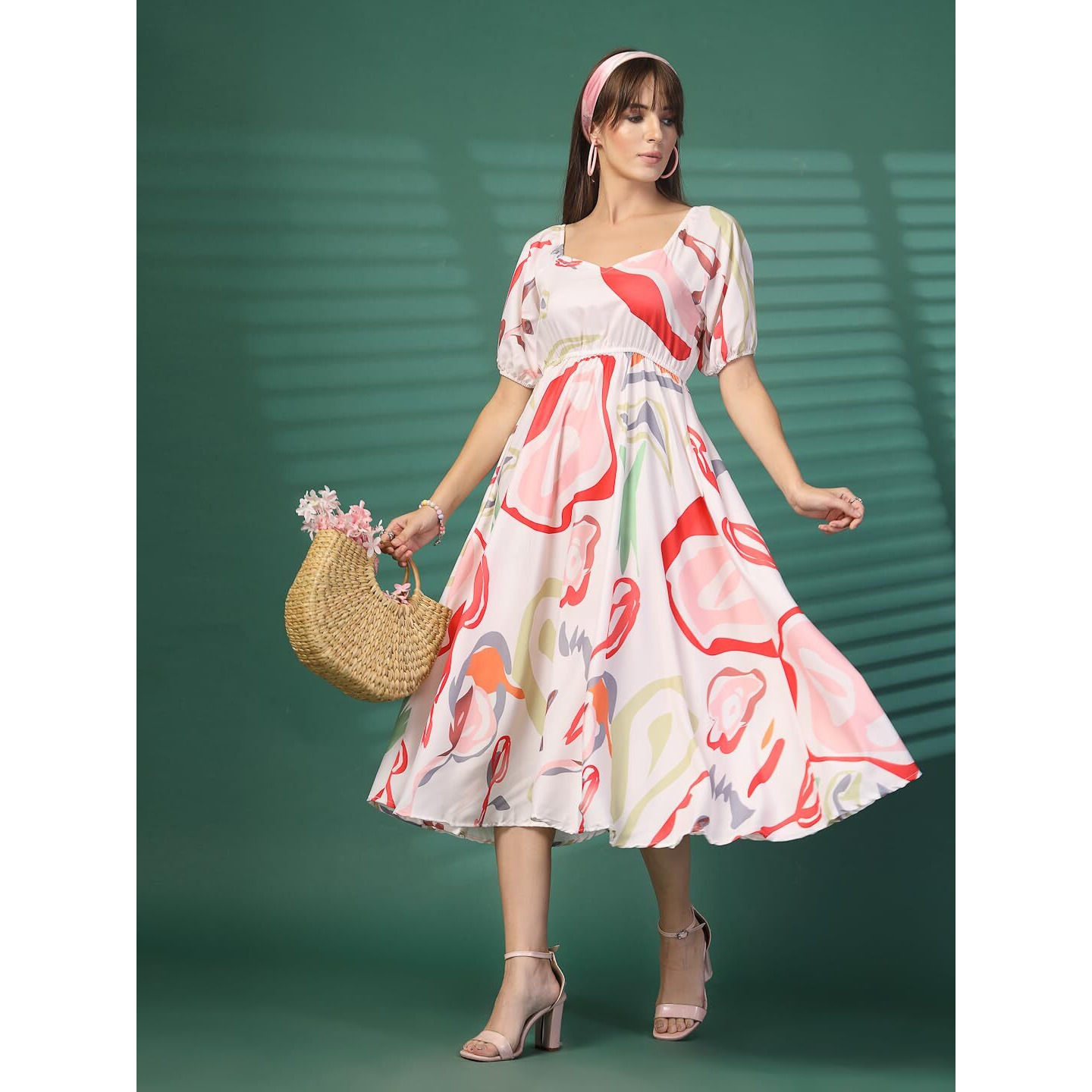 Oomph Flared Dress For Women Stylish | Long One Piece For Women | Puff Sleeve Long Dress | Floral Print Maxi One Piece | Western & Fusion Wear Off White