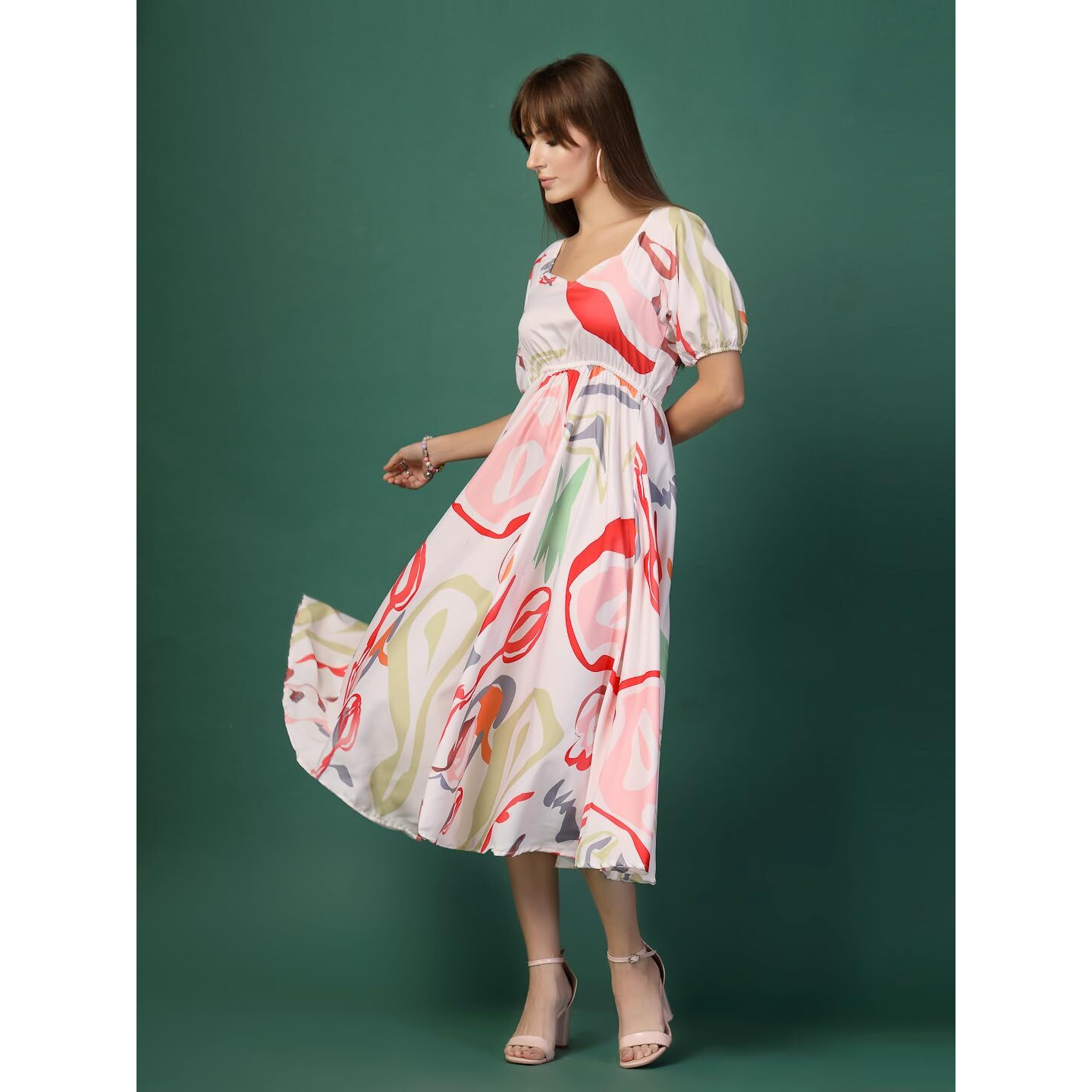 Oomph Flared Dress For Women Stylish | Long One Piece For Women | Puff Sleeve Long Dress | Floral Print Maxi One Piece | Western & Fusion Wear Off White