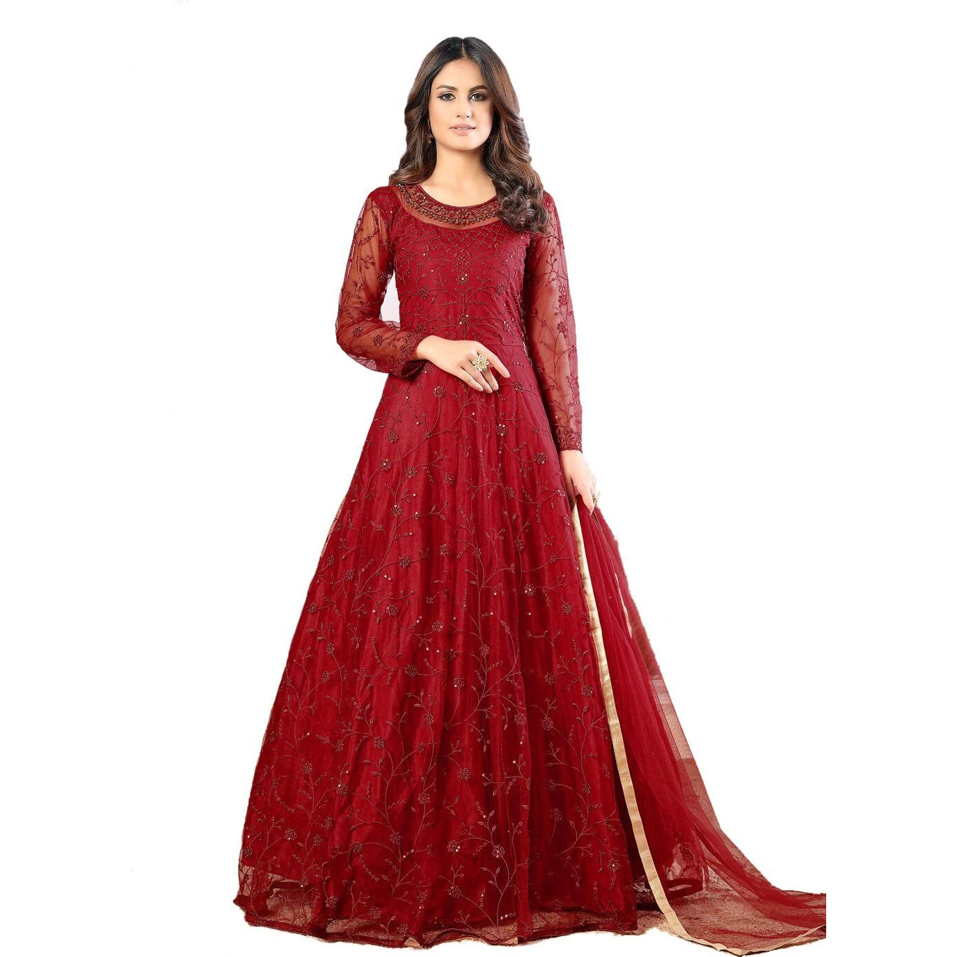 Patlani Women's Net Fit And Flare Maxi Dress (Pl-Gown 125_Red