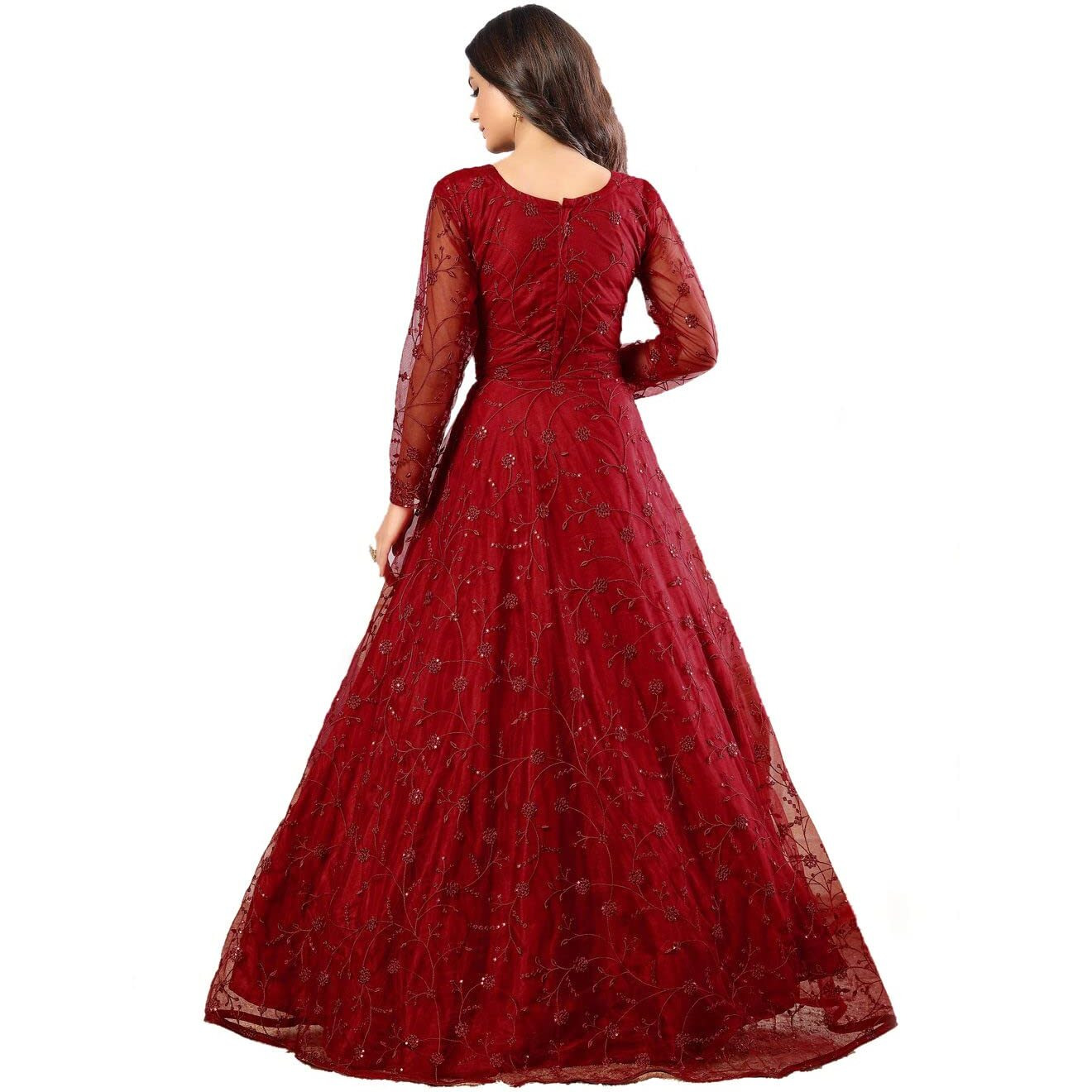 Patlani Women's Net Fit And Flare Maxi Dress (Pl-Gown 125_Red