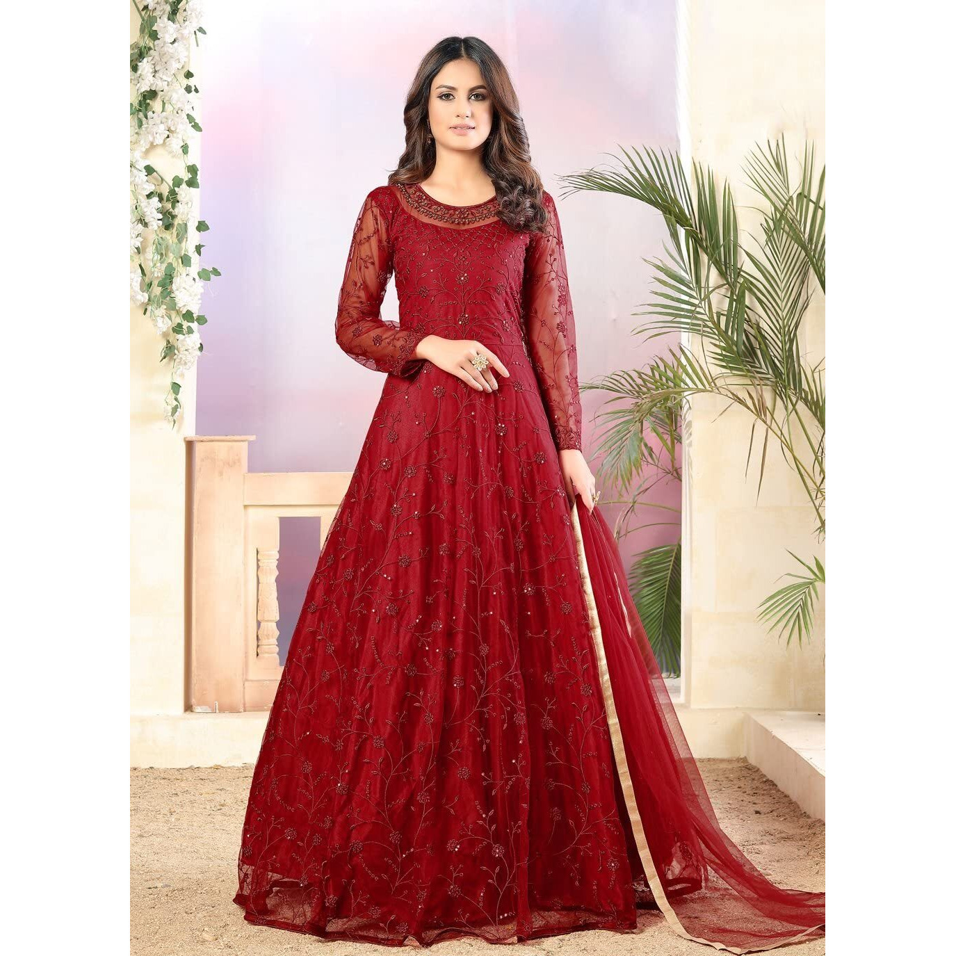 Patlani Women's Net Fit And Flare Maxi Dress (Pl-Gown 125_Red