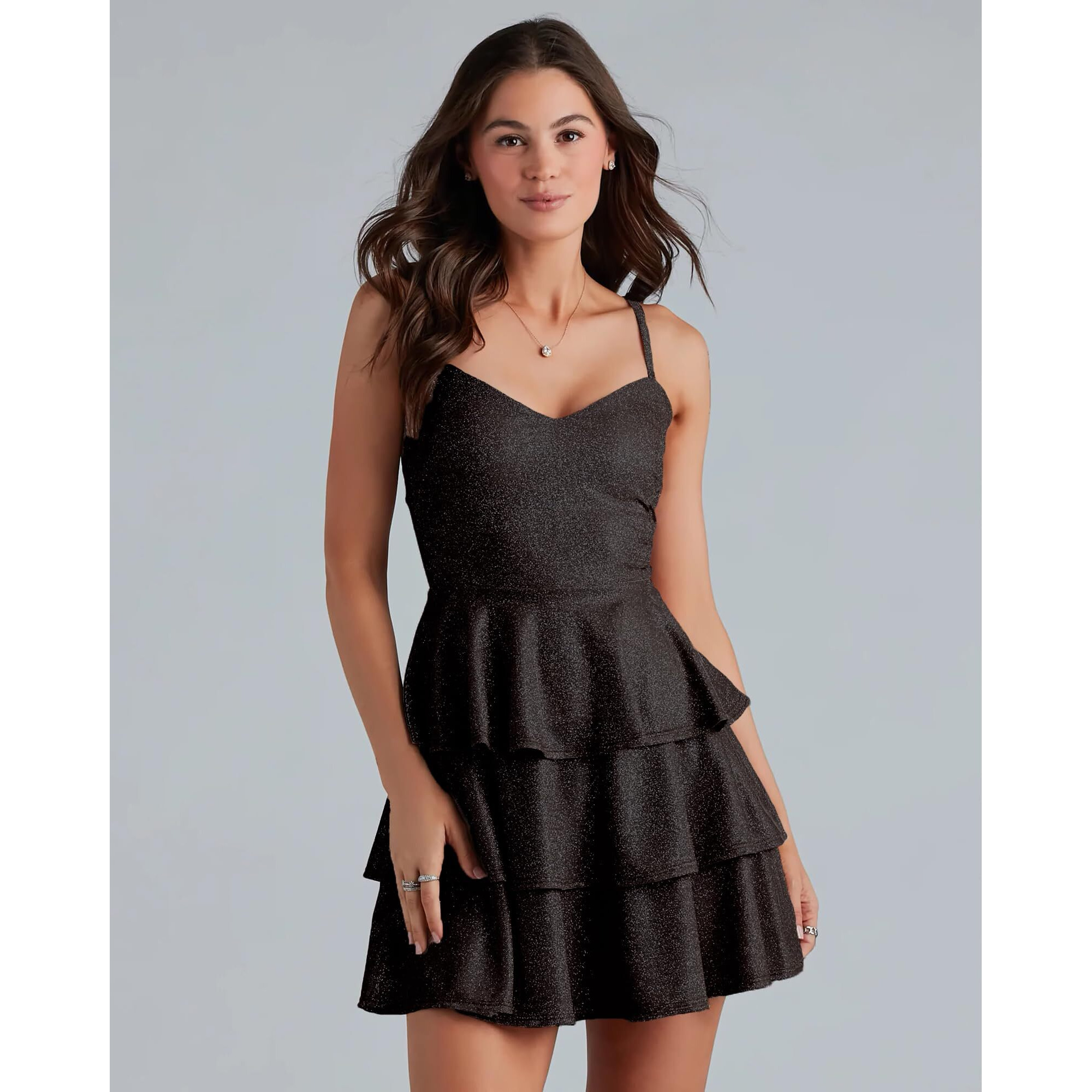 Addyvero V-Neck Shoulder Straps Sleeve Glam Glitter Ruffled Tiered Fit Above Knee Length Women Solid Fit And Flare Dress (Black, Xl)