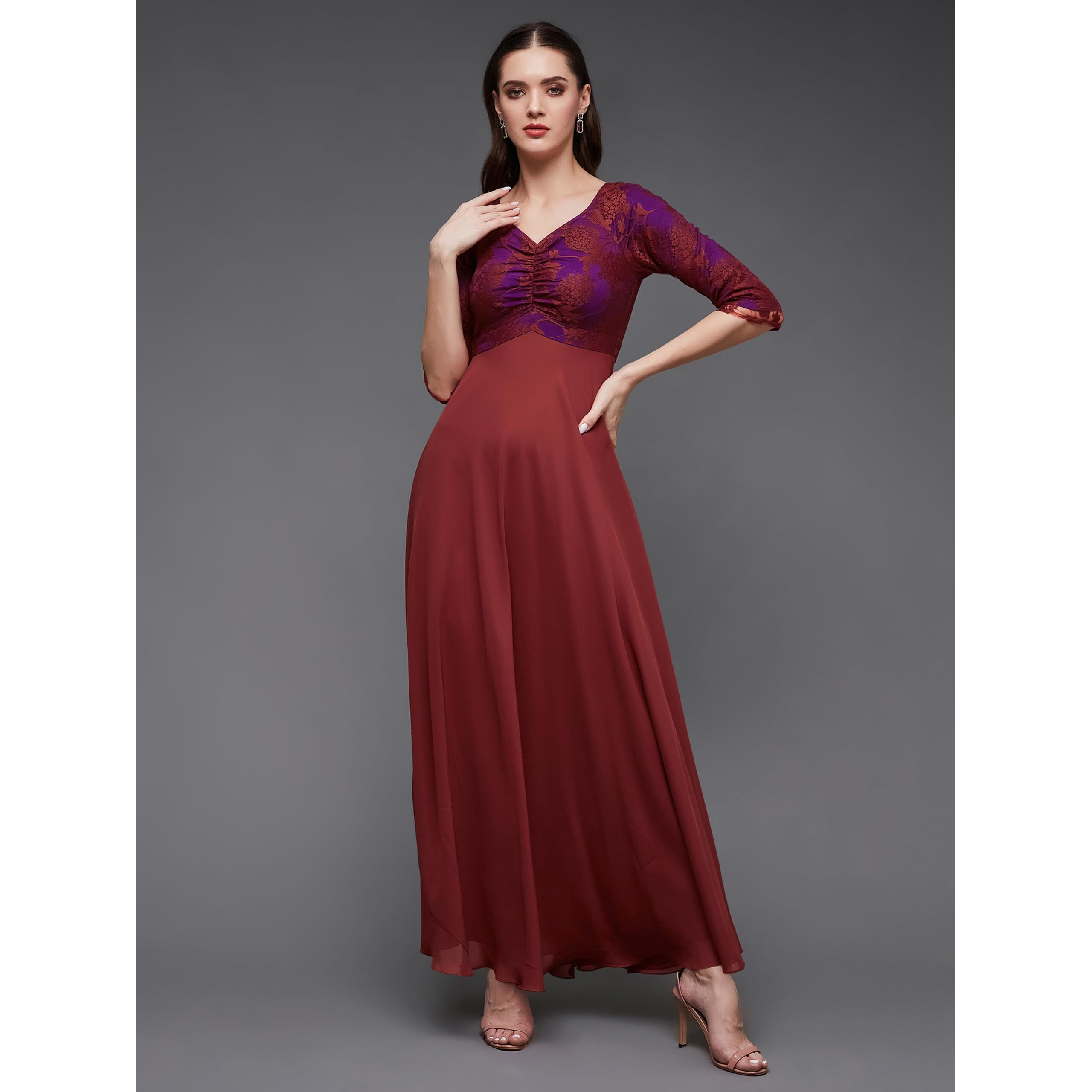 Miss Chase Women's Sweet-Heart Neck 3/4 Sleeve Self Design Fit & Flare Maxi Dress With Pockets (Mcss22D13-62-149-03, Brick Red, S)