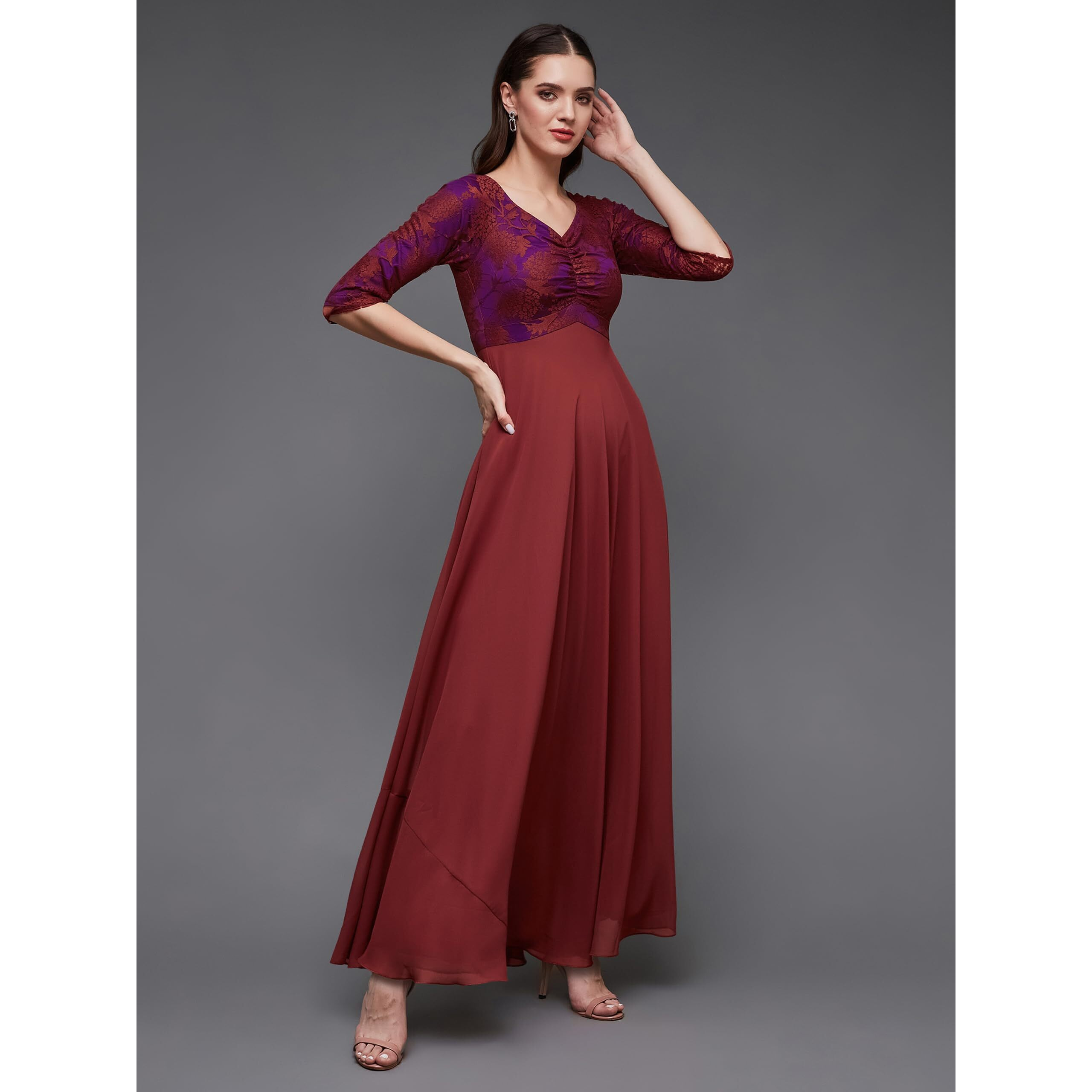 Miss Chase Women's Sweet-Heart Neck 3/4 Sleeve Self Design Fit & Flare Maxi Dress With Pockets (Mcss22D13-62-149-03, Brick Red, S)