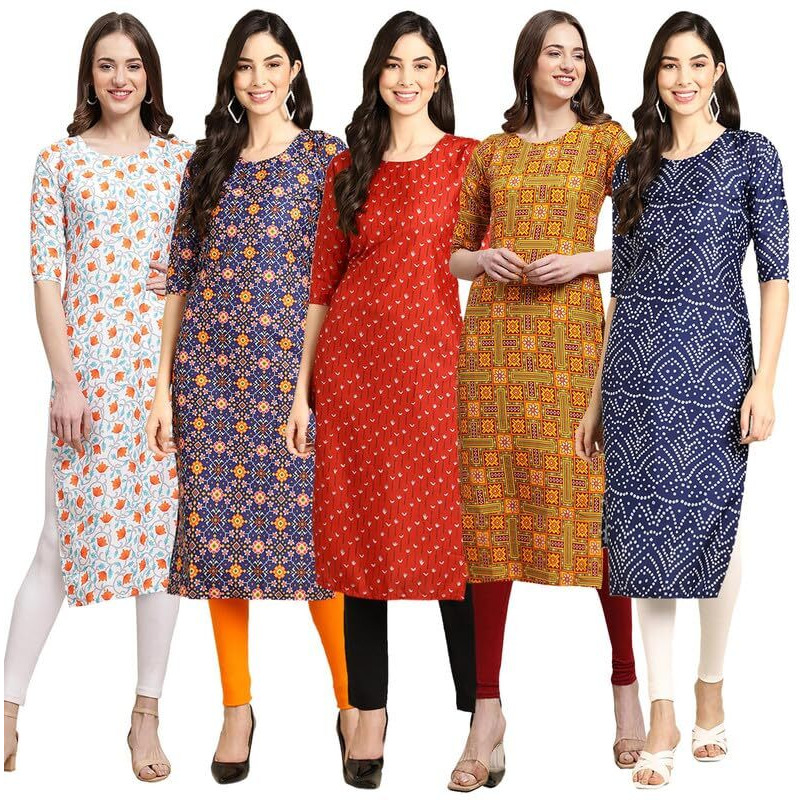 Pinkmint Crepe Digital Printed Kurti For Womens Straight Kurti For Women (Pack Of 5)