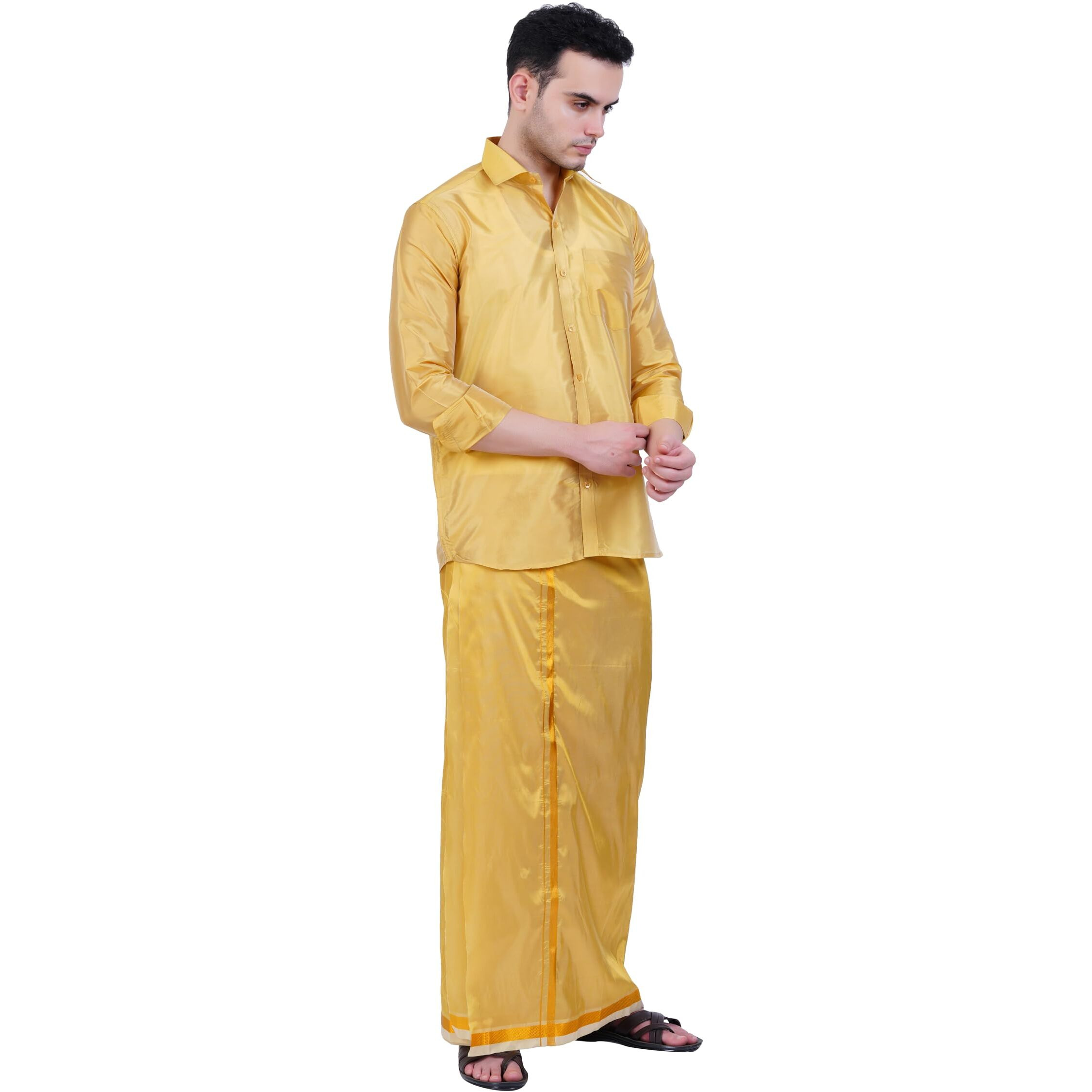 Prakasam Cotton-Mens Art Silk Wedding Set/Art Silk 8 Mulam (8-Yard) Dhoti And Stitched Full Sleeve Shirt