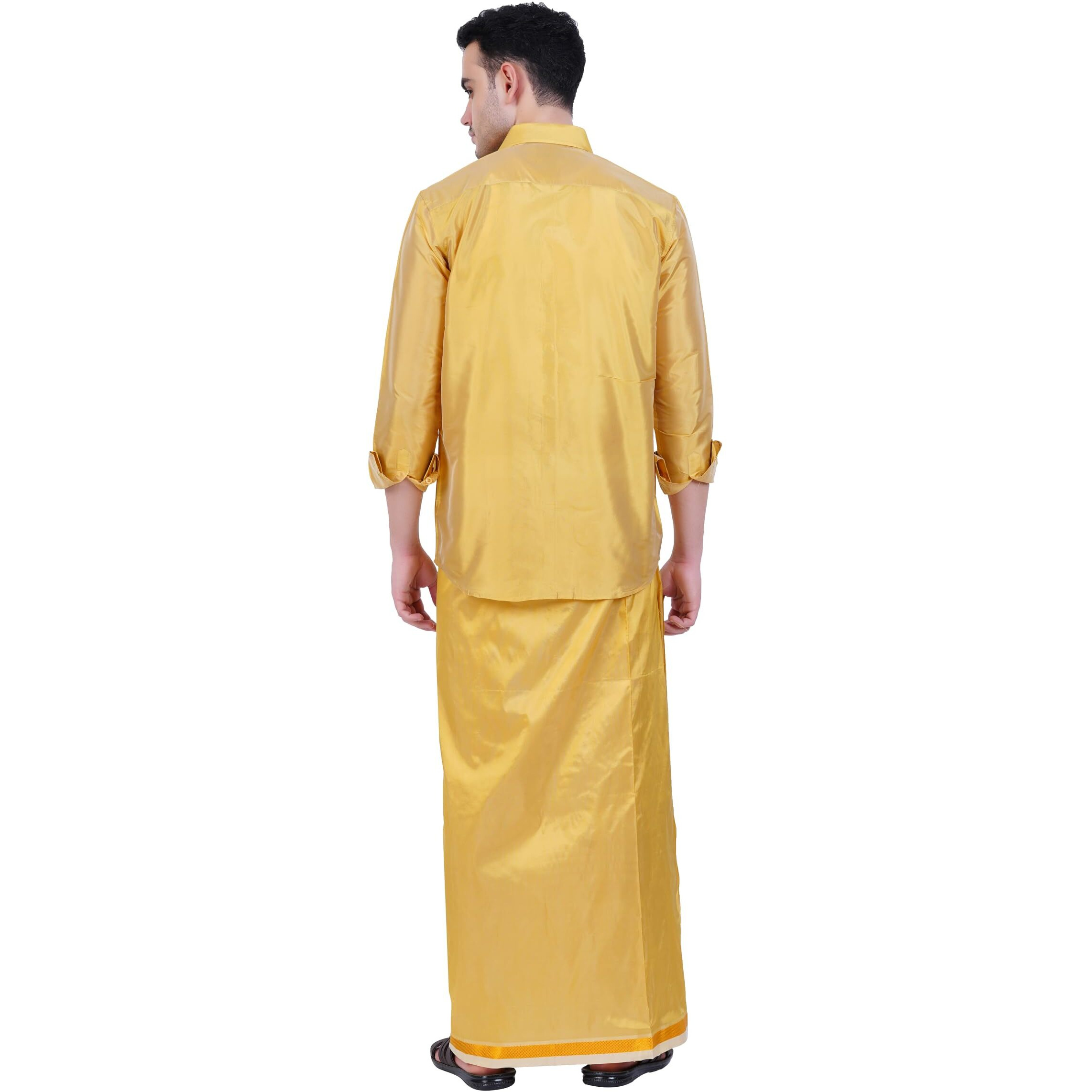 Prakasam Cotton-Mens Art Silk Wedding Set/Art Silk 8 Mulam (8-Yard) Dhoti And Stitched Full Sleeve Shirt