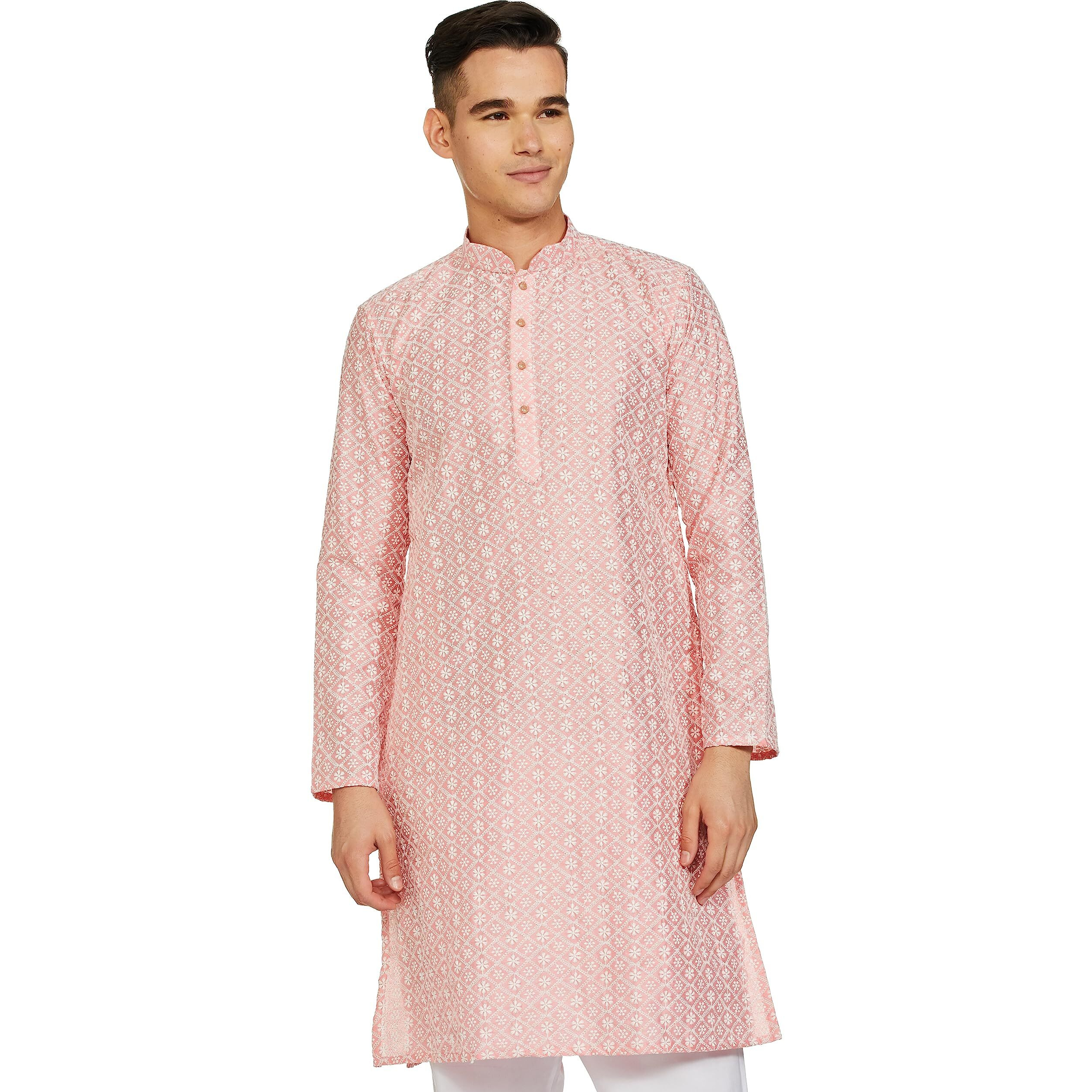 Be Active Men's Traditional Embroidered Lucknowi Full Sleeves Kurta || Cotton Kurta For Men || Men Kurta For Wedding || Kurta For Men (Rfsk0013-Kr 11 M) Pink