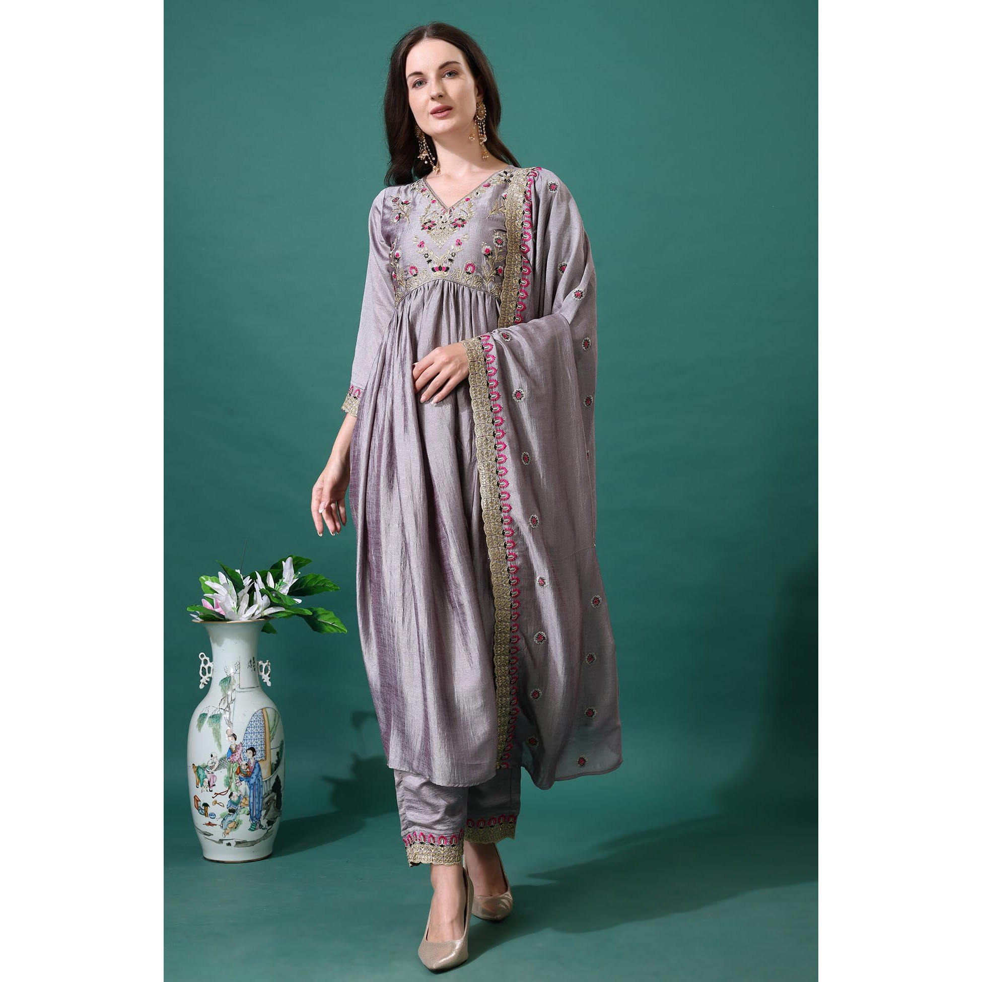 Pratham Blue Women's Silk Embroidered Anarkali Kurta Palazzos With Dupatta |Kurta Set For Women |Women Kurta |Women Embroidered Kurta Sets Kurtis (Bkp-1011-Xl_Grey Color)