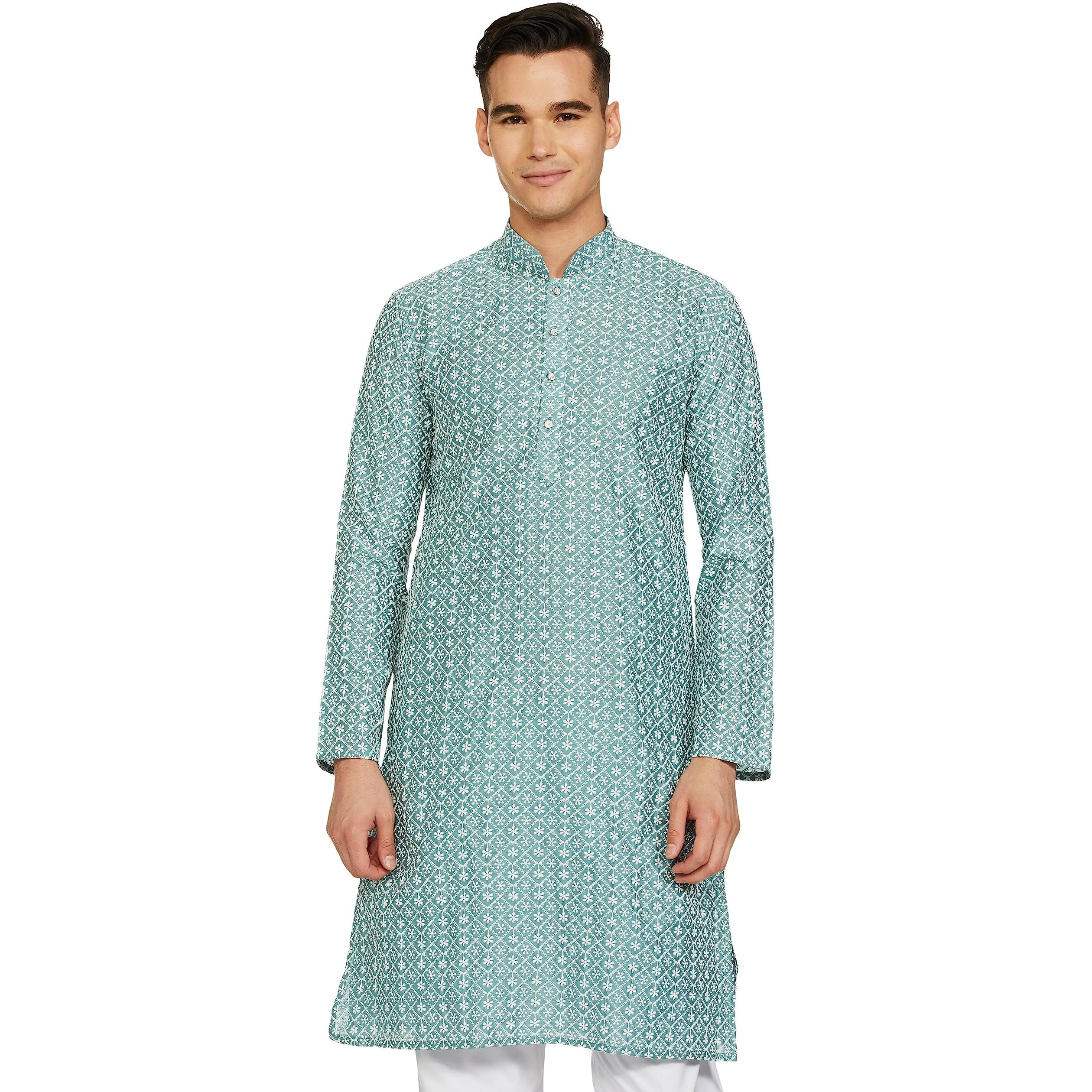 Be Active Men's Traditional Embroidered Lucknowi Full Sleeves Kurta || Cotton Kurta For Men || Men Kurta For Wedding || Kurta For Men (Rfsk0013-Kr 8 Xxl) Oceanic Blue